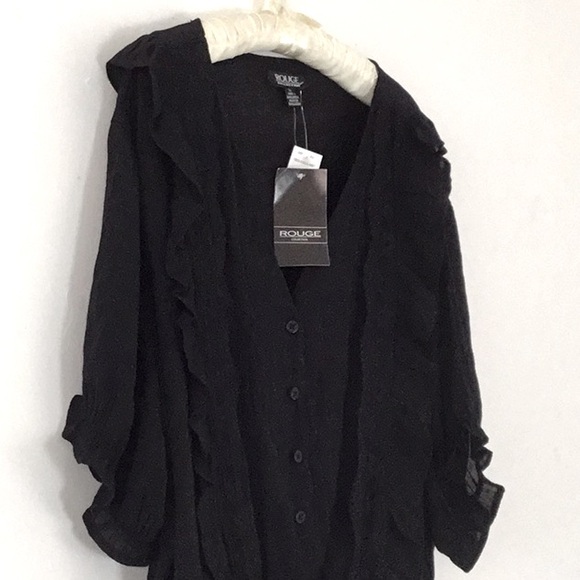 Rouge, Short Sleeve Black, Button Down Lace, Ruffle Trim Blouse. Goth, Fairy Y2K - Picture 2 of 6